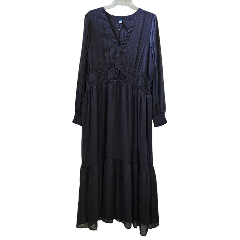 Old Navy Waist Defined Smocked Tie Front Maxi Chiffon Dress Navy Blue Sz XL NWOT - Picture 3 of 14